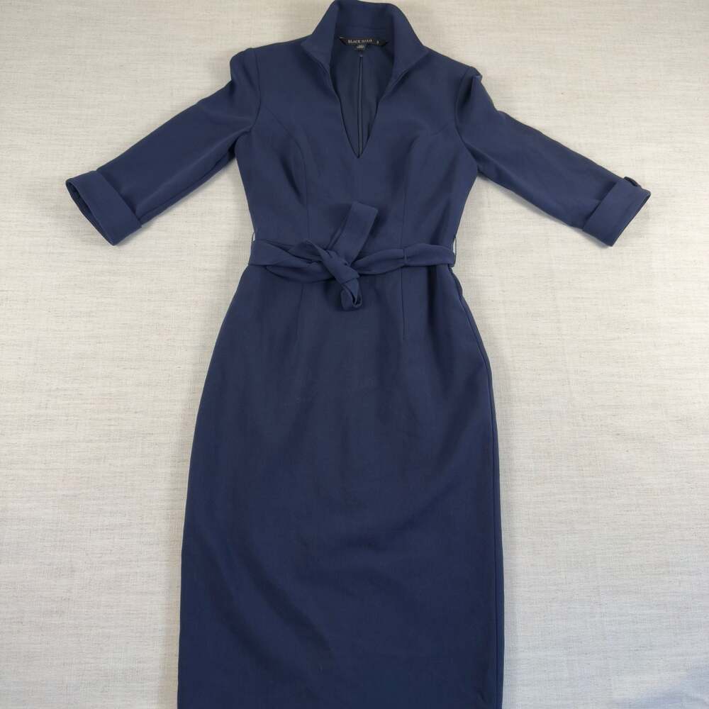 Black Halo Jackie O 3/4 Sleeve Belted Sheath Dress Navy Blue Size 0